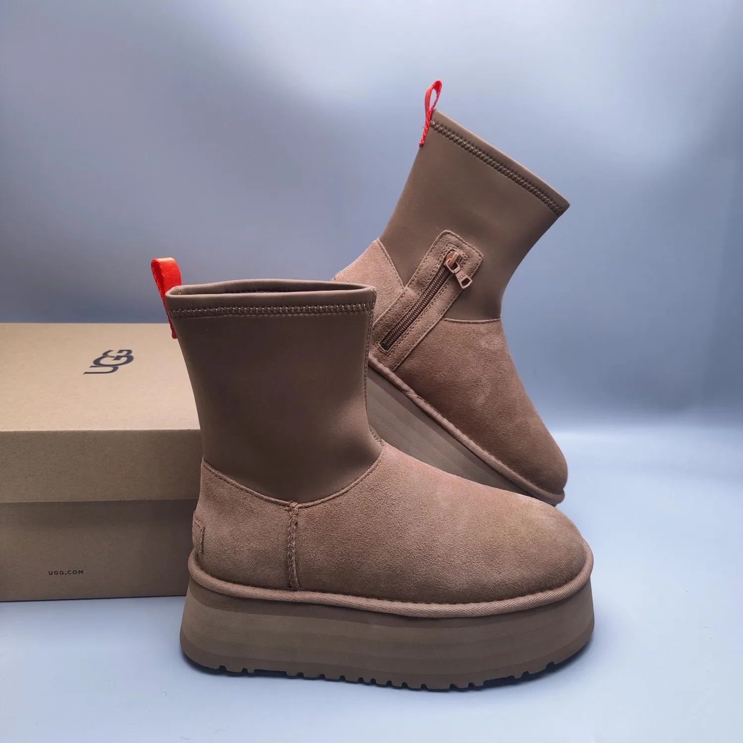 💰560 UGG sheepskin all-in-one snow boots 4031 Thick-soled elastic mid-cut casual style Color: Maroon Black Sand Size: 35-40